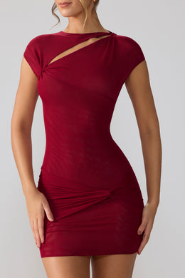 Mesh Cap Sleeve Cut Out Mini Dress in Ruby