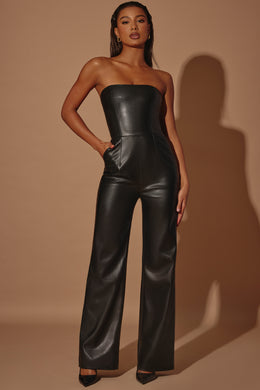 Tall Strapless Wide Leg Vegan Leather Jumpsuit in Black