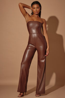 Tall Strapless Wide Leg Vegan Leather Jumpsuit in Brown