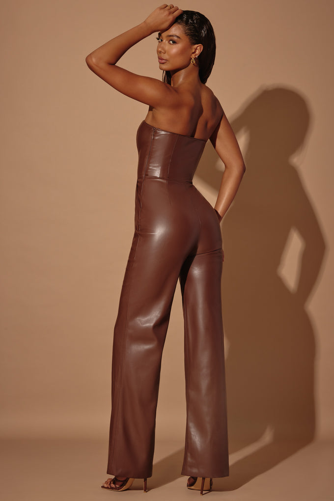 Strapless Wide Leg Vegan Leather Jumpsuit in Brown