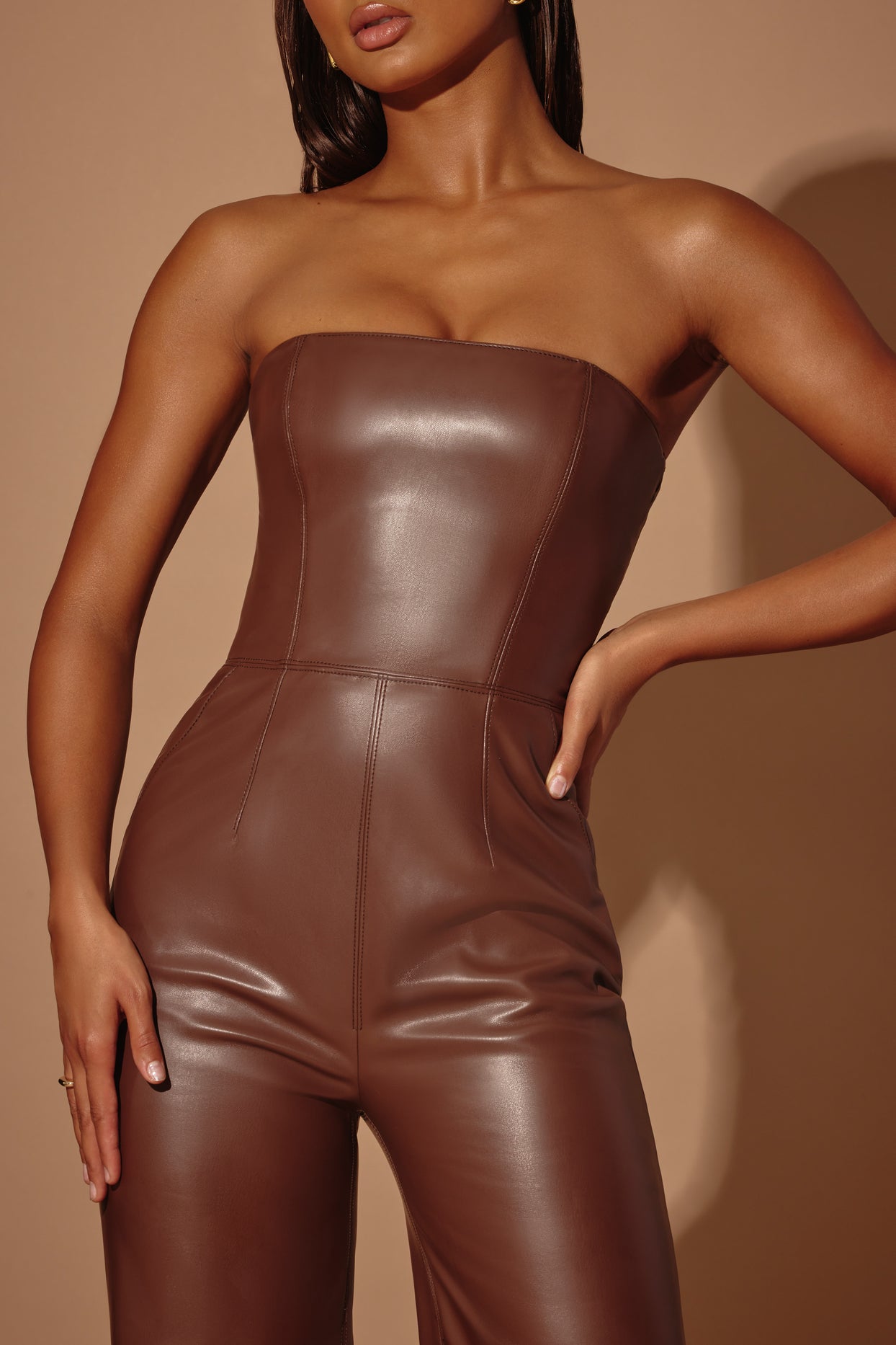 Tall Strapless Wide Leg Vegan Leather Jumpsuit in Brown