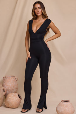 Tall Plunge Neck Ruched Waist Jumpsuit in Black