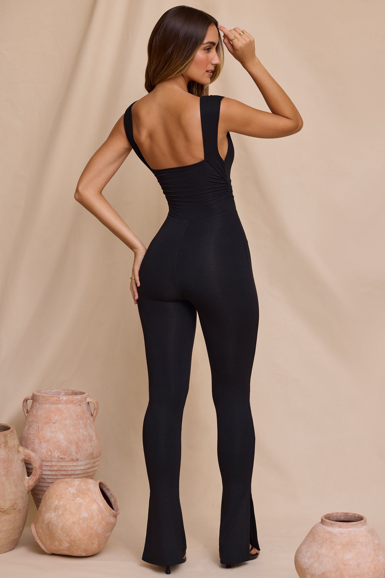Tall Plunge Neck Ruched Waist Jumpsuit in Black