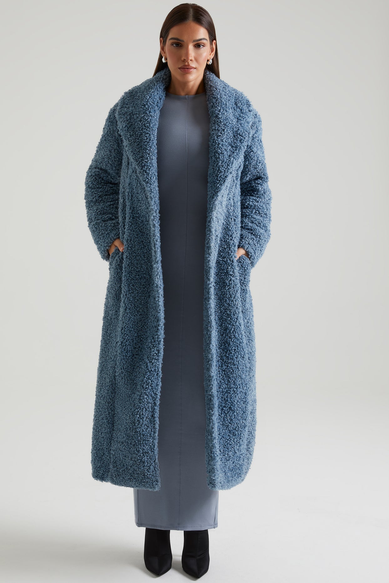Alaska Long Shearling Coat in Blue | Oh Polly