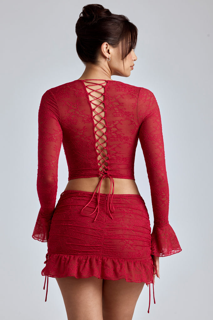 Spódnica mini z koronką w kolorze wiśniowej czerwieni
