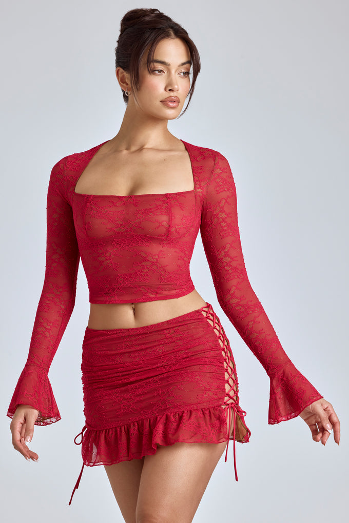 Lace Ruffle Mini Skirt in Cherry Red