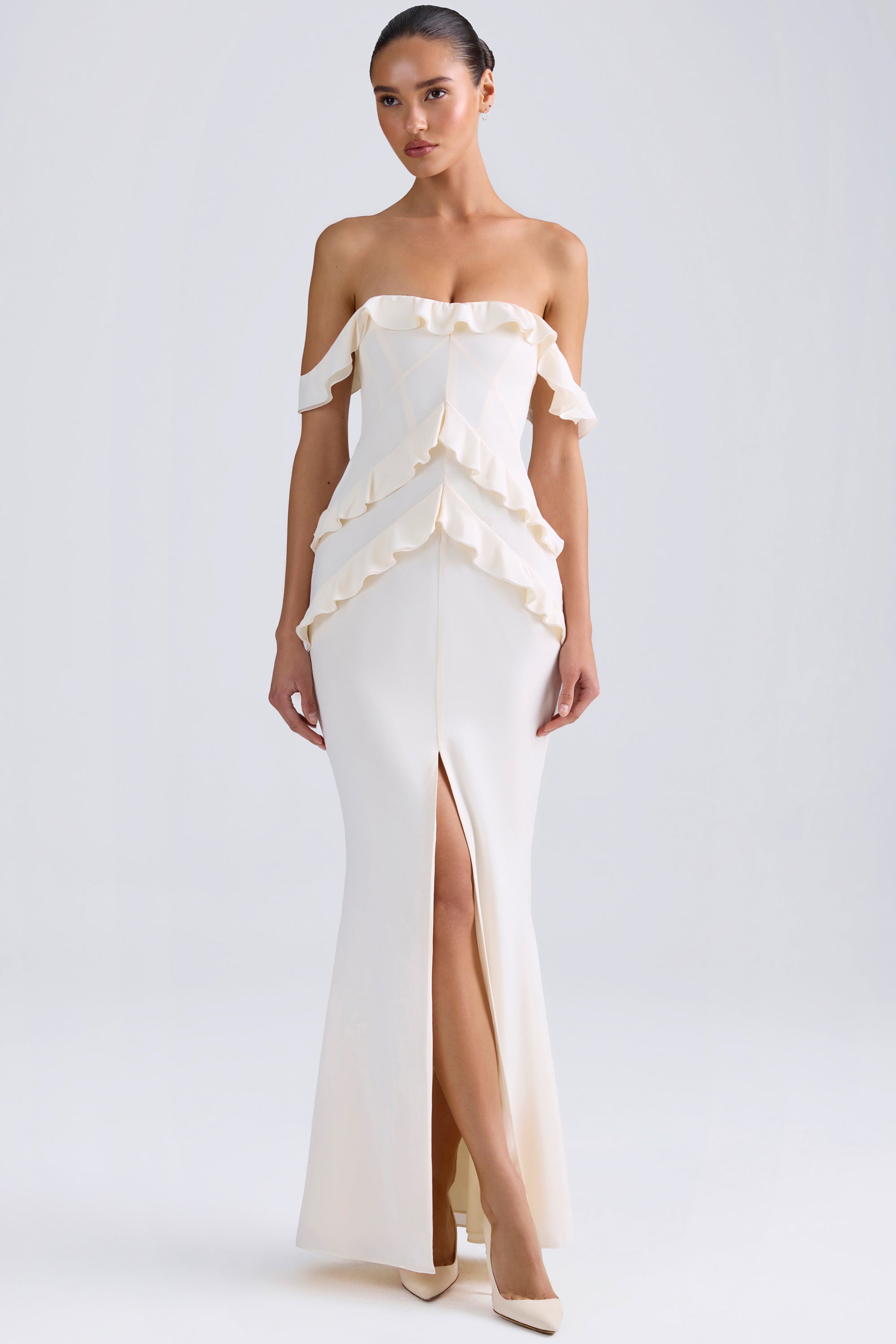 Nevali Bandeau Ruffle Detail Maxi Dress in Ivory