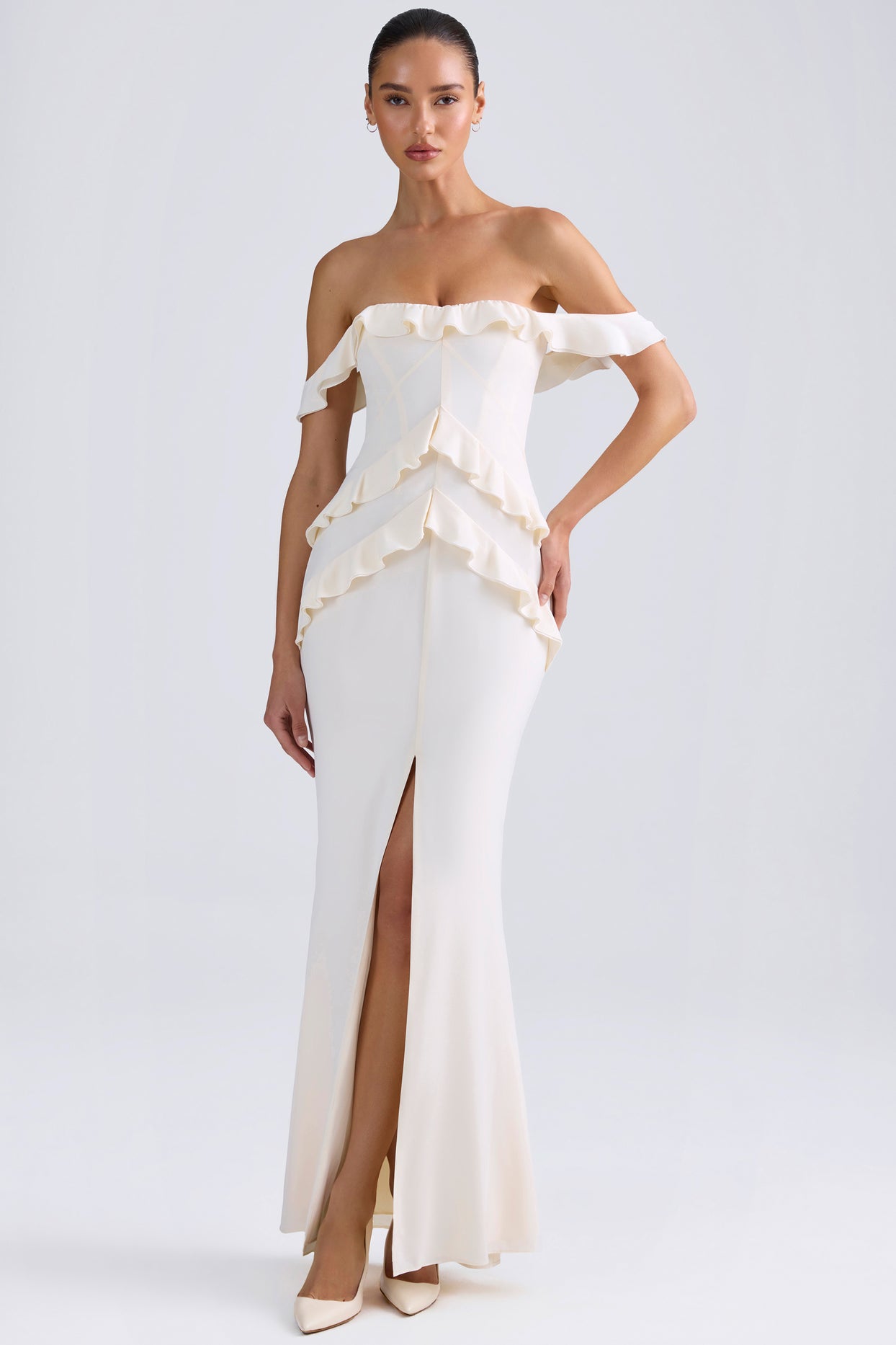 Off-Shoulder Ruffle-Trim Gown in Ivory - 4