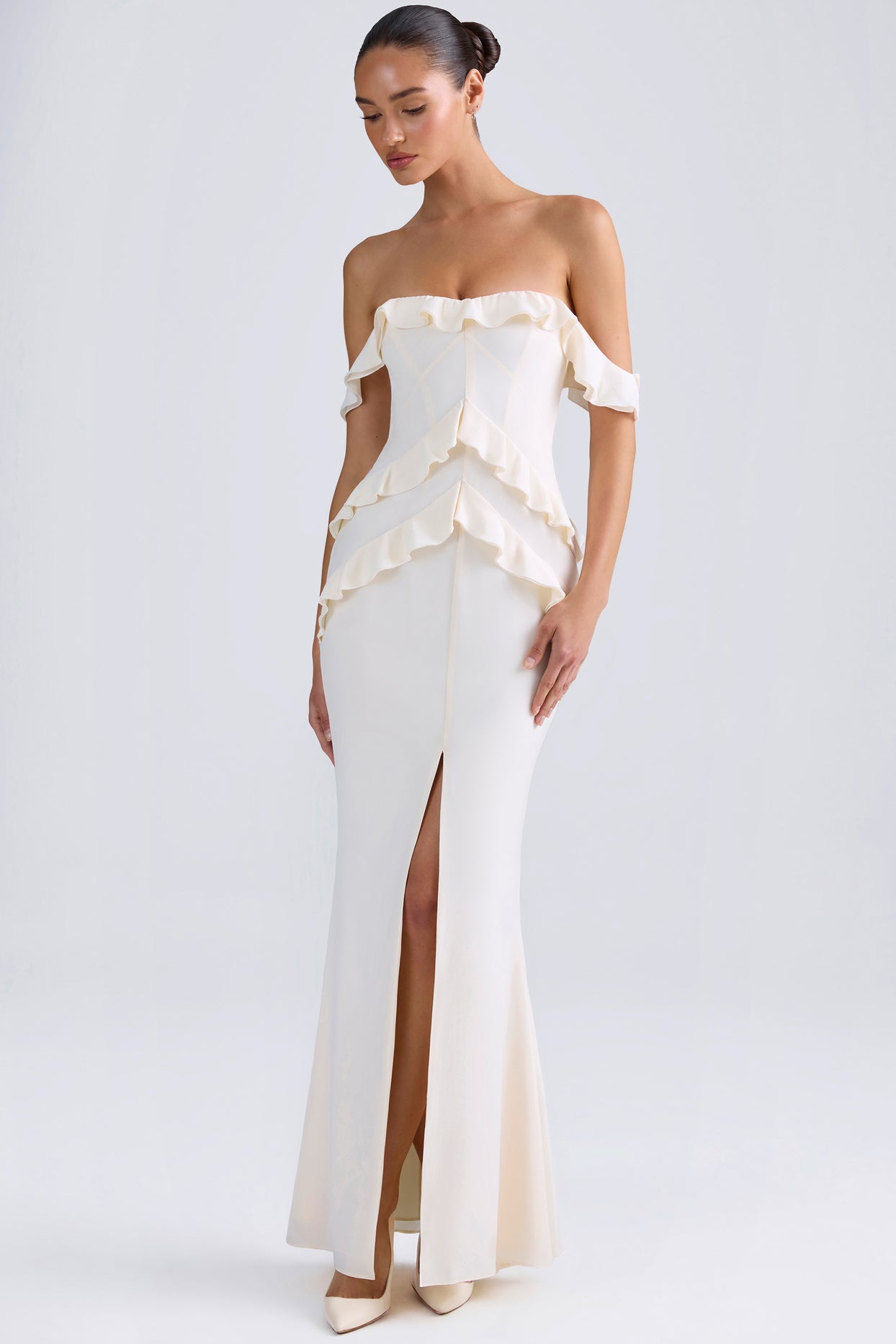 Off-Shoulder Ruffle-Trim Gown in Ivory - 5