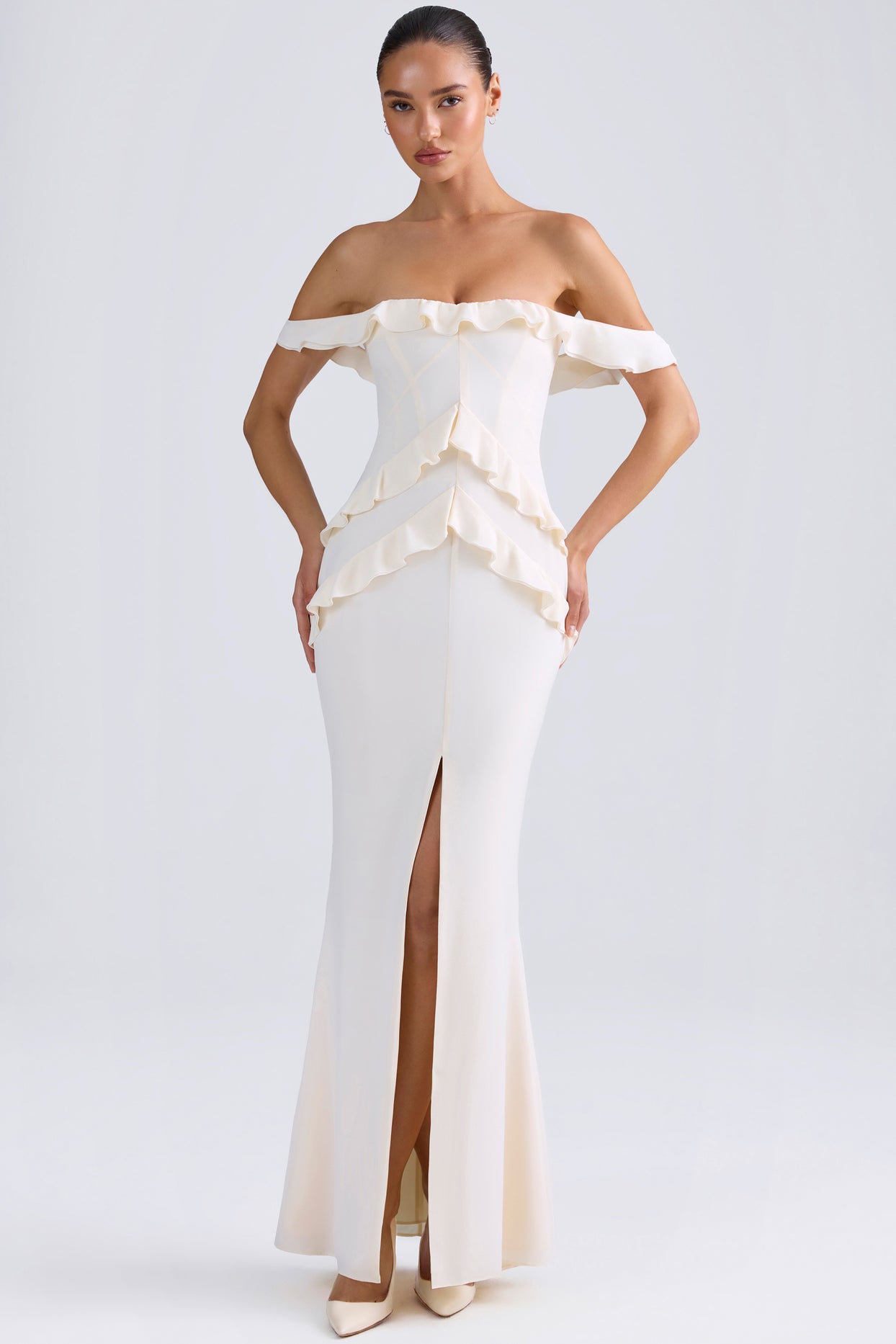 Off-Shoulder Ruffle-Trim Gown in Ivory - 6