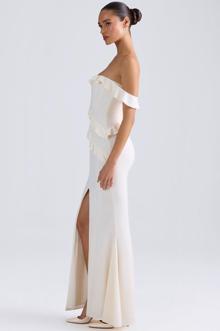 Hemera Off-Shoulder Ruffle-Trim Gown in Ivory | Oh Polly