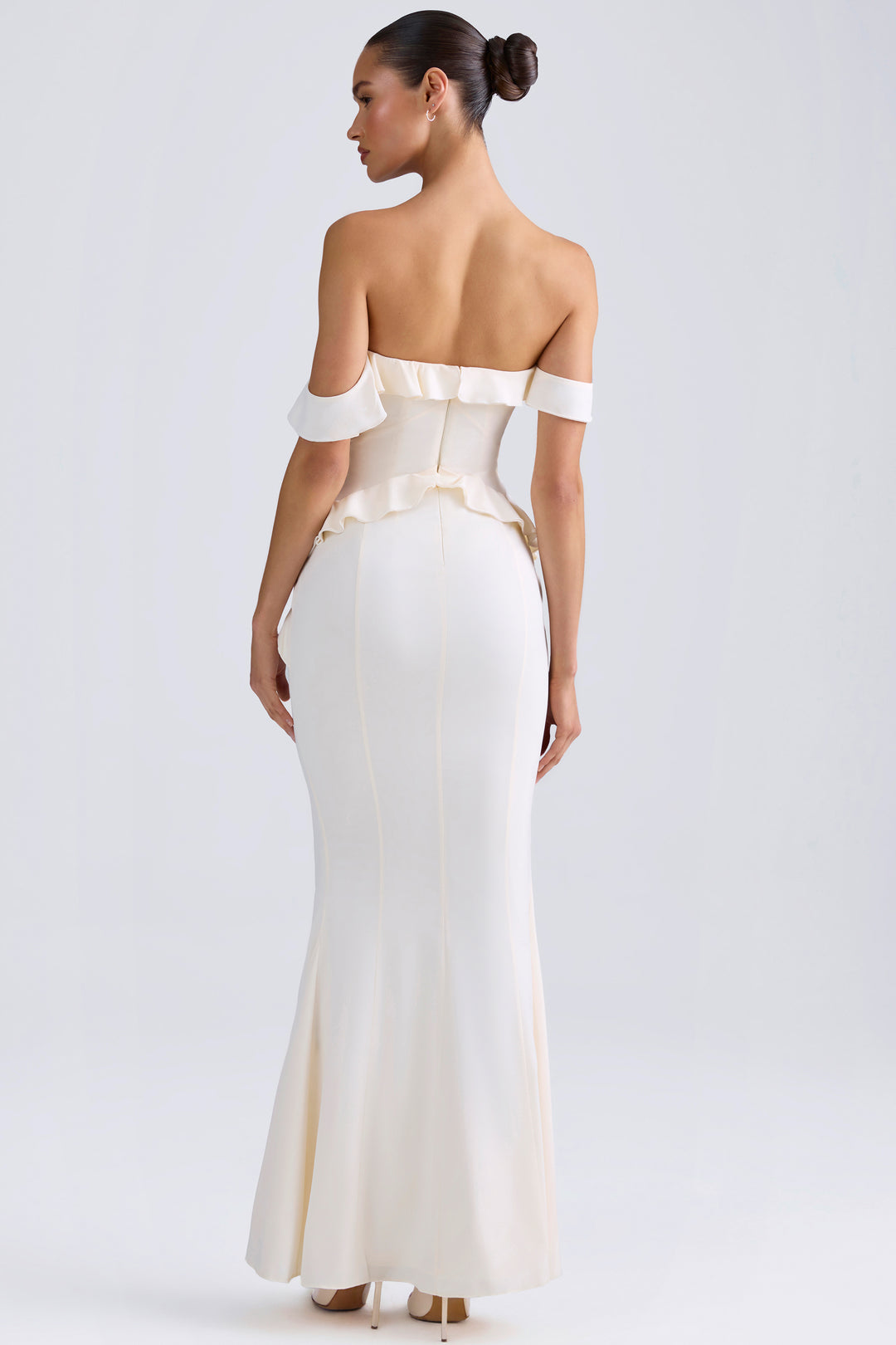 Hemera Off-Shoulder Ruffle-Trim Gown in Ivory | Oh Polly – Oh Polly UK
