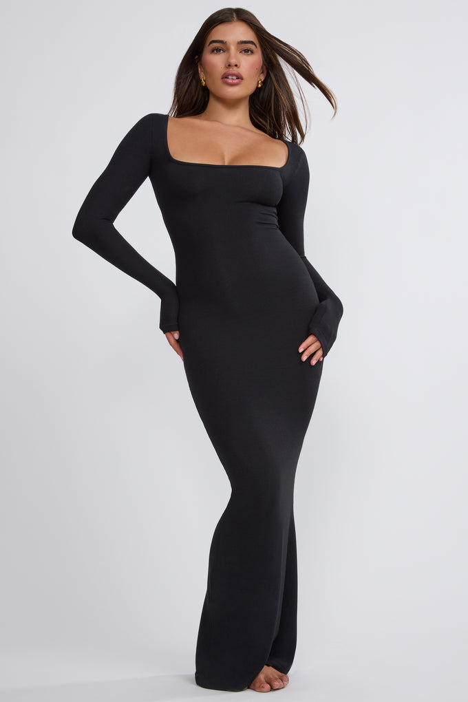 Ribbed Modal Square Neck Long Sleeve Maxi Dress in Black