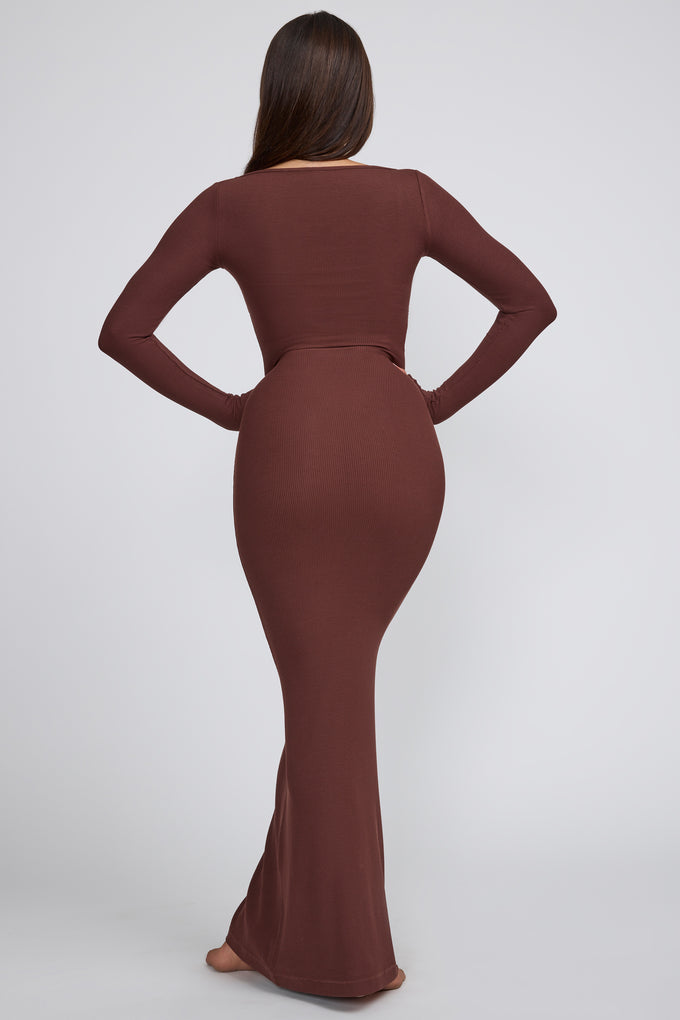 Ribbed Modal Square Neck Long Sleeve Maxi Dress in Chocolate
