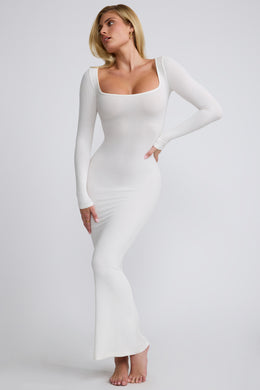 Ribbed Modal Long Sleeve Maxi Dress in White