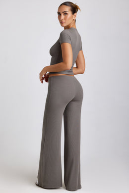 Pantalon large taille moyenne en gris