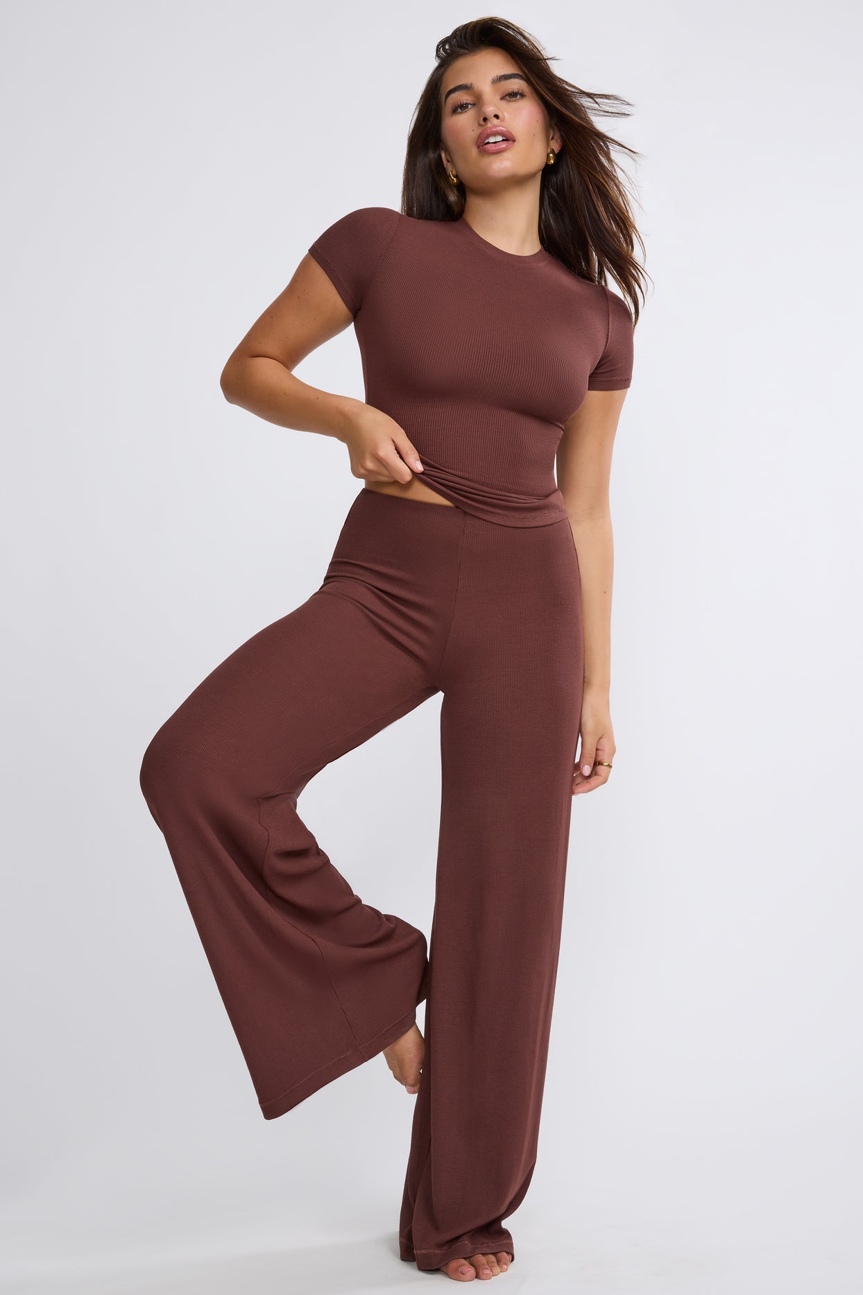 Zeina Ribbed Modal High Neck Top in Chocolate Oh Polly
