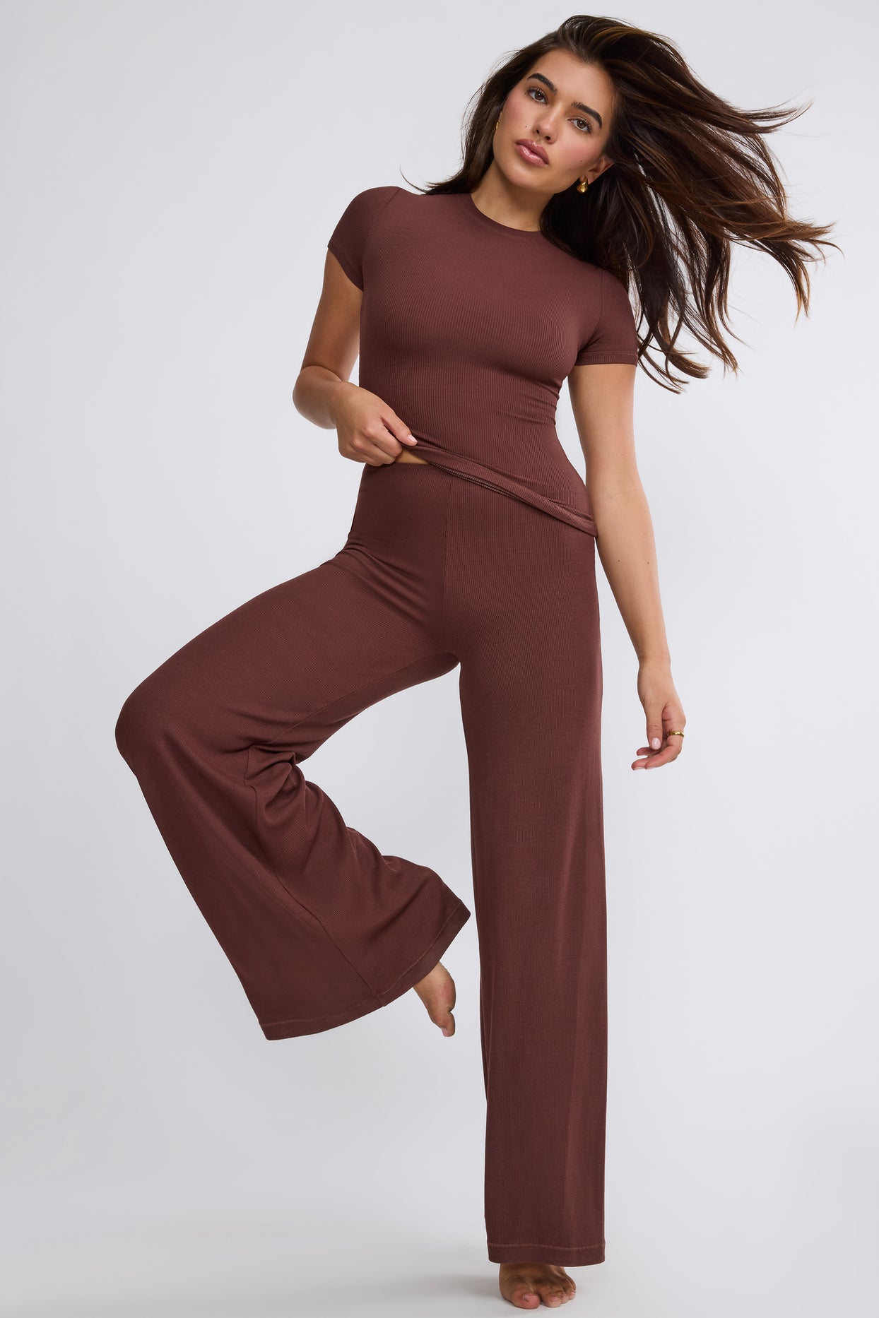 Zeina Ribbed Modal High Neck Top in Chocolate Oh Polly