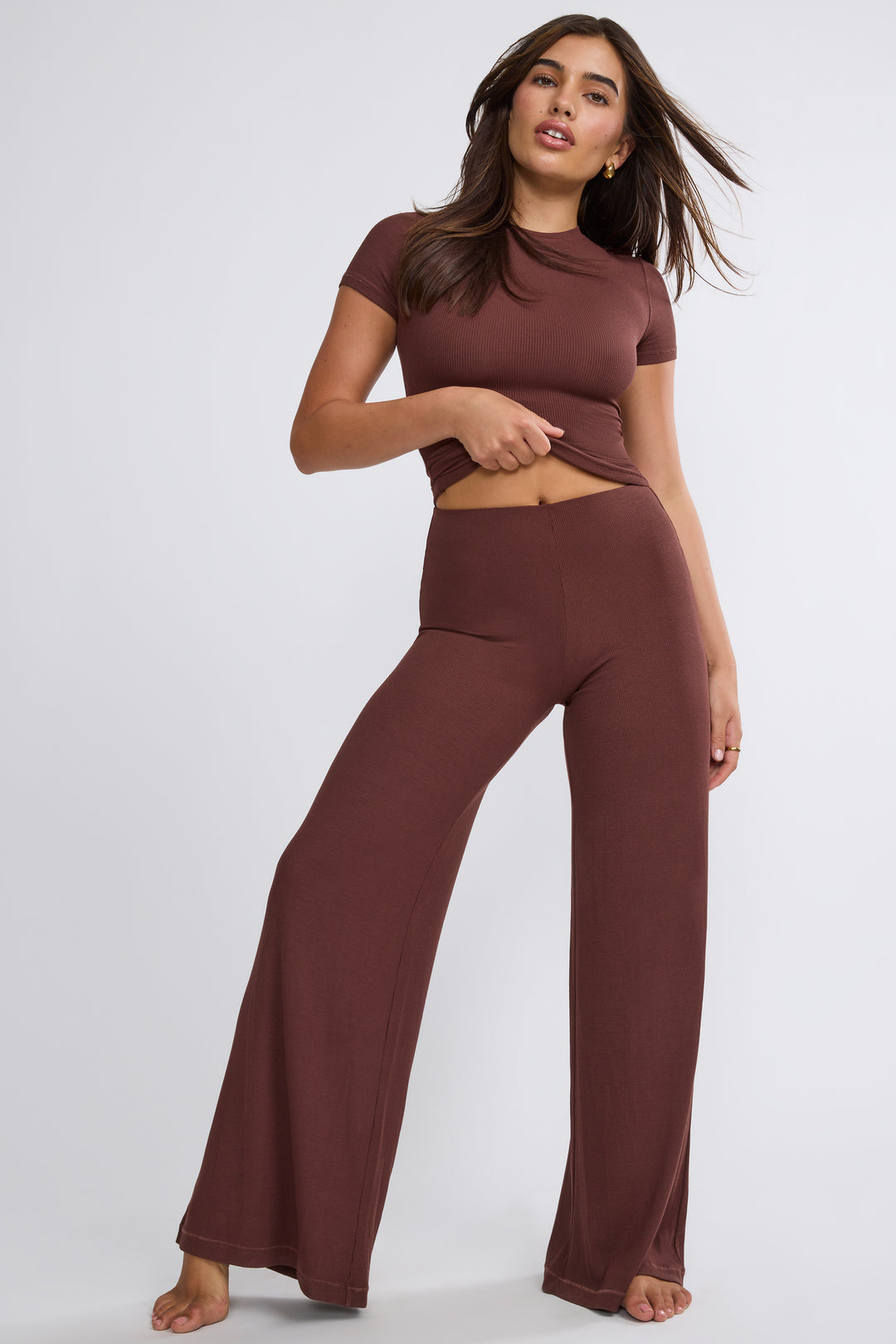 Zeina Ribbed Modal High Neck Top in Chocolate Oh Polly