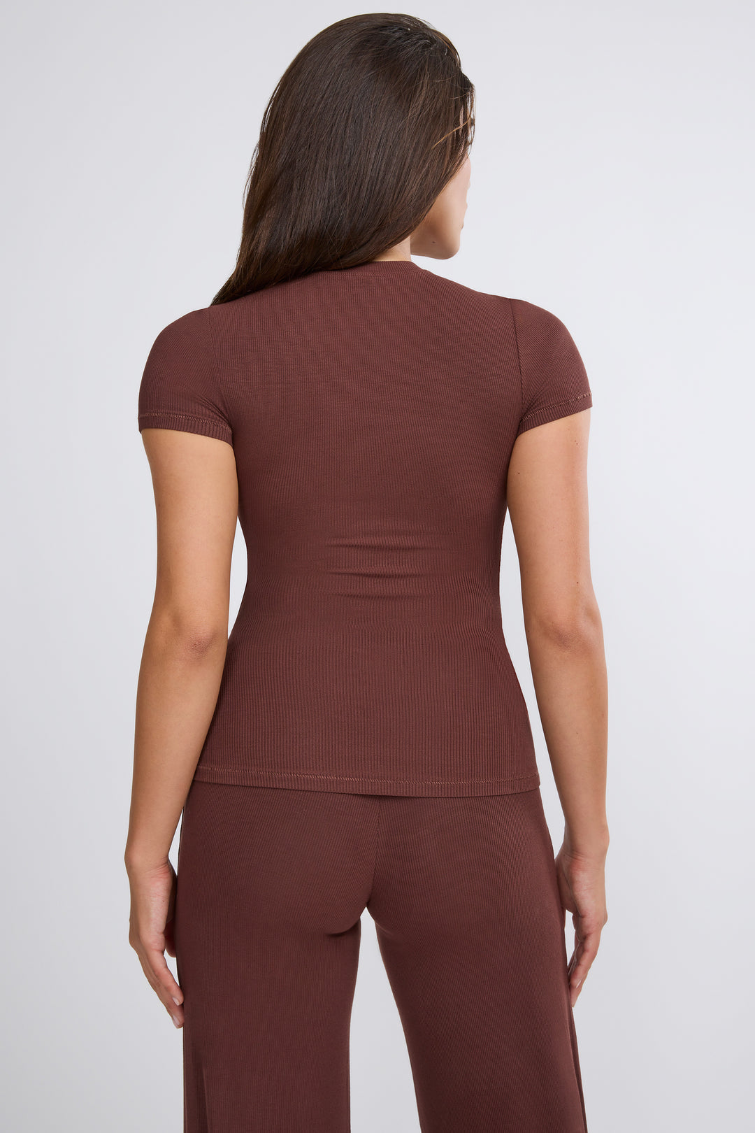 Zeina Ribbed Modal High Neck Top in Chocolate Oh Polly