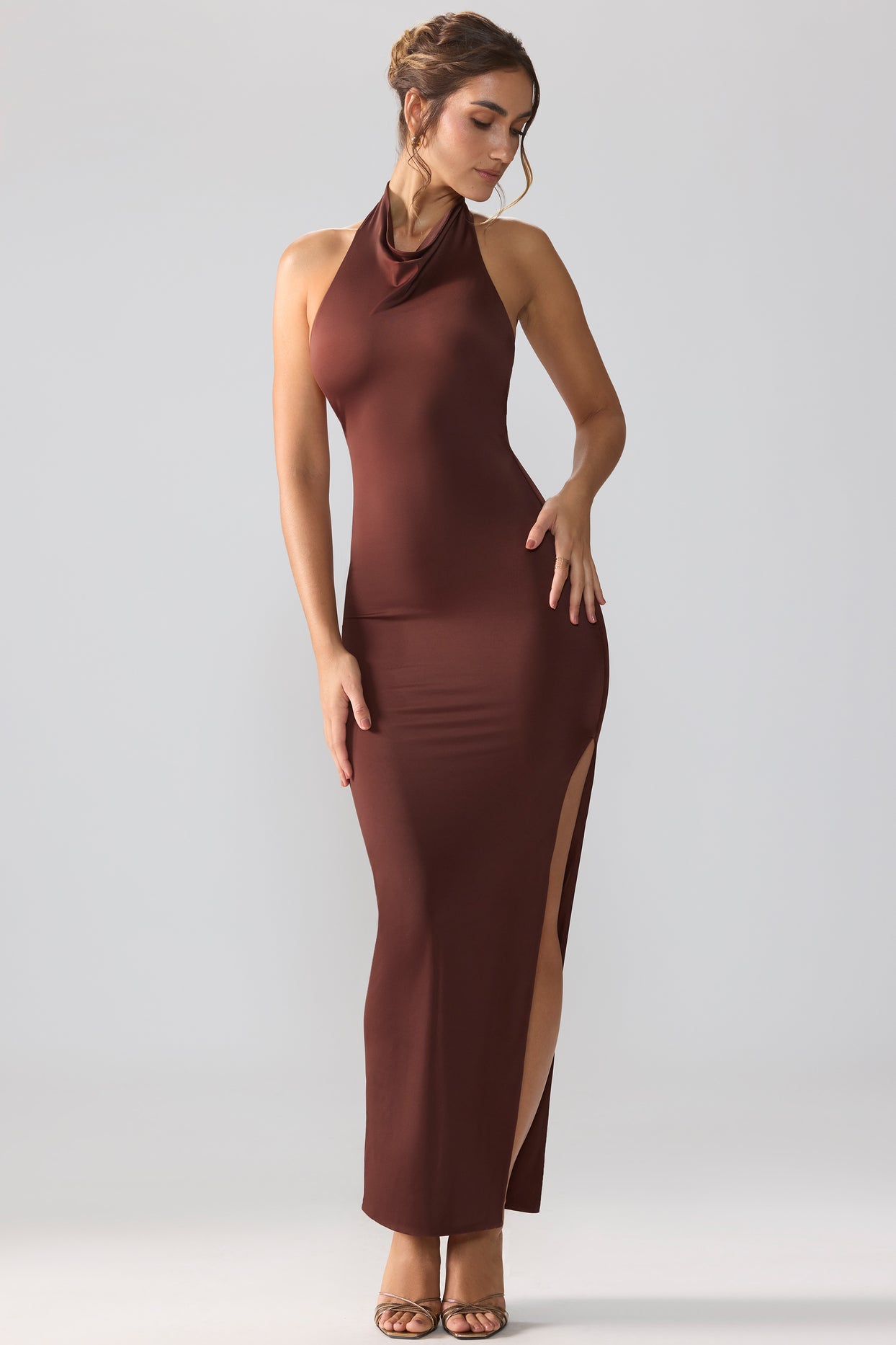 Premium Jersey Cowl Neck Backless Maxi Dress in Espresso - 1