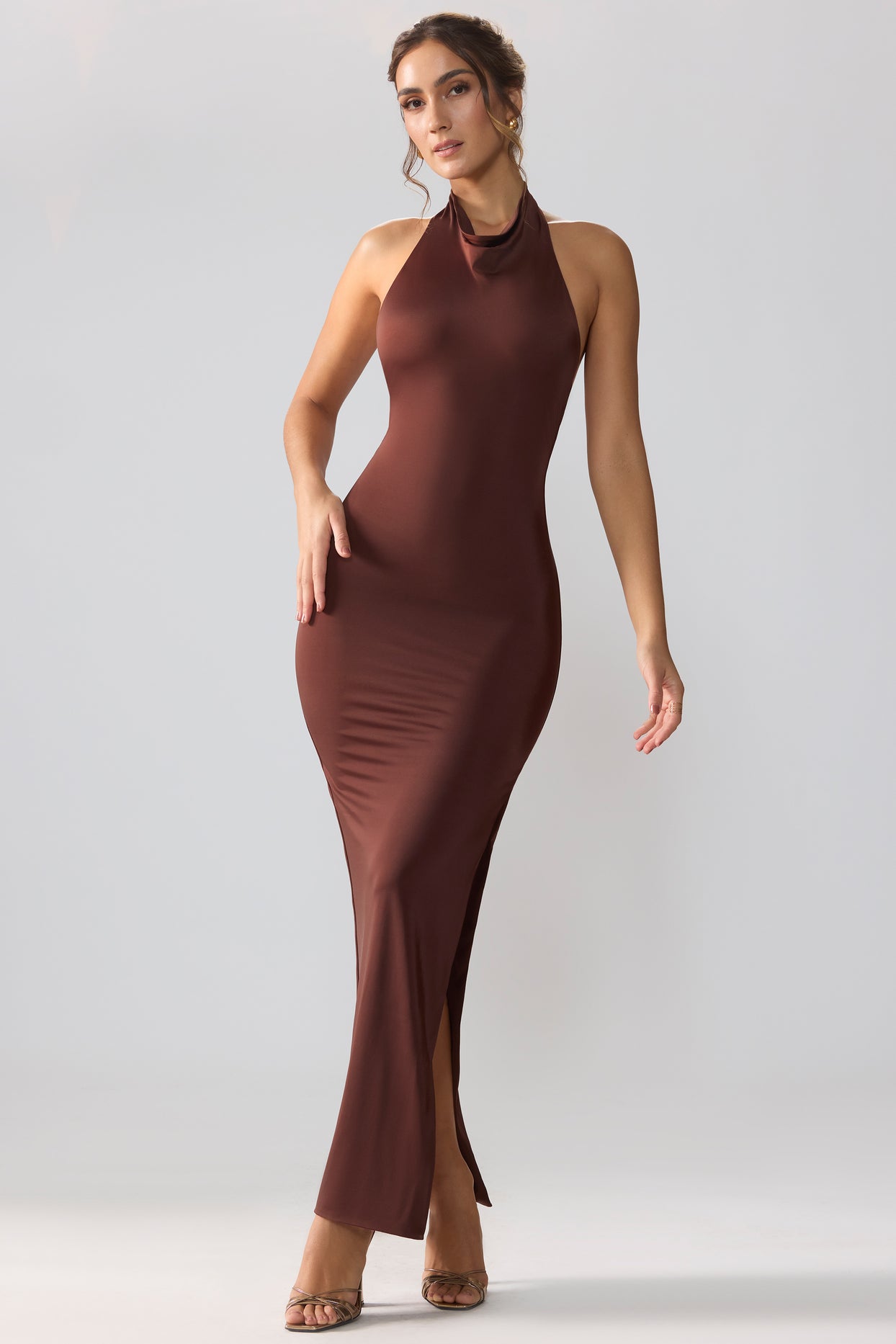 Premium Jersey Cowl Neck Backless Maxi Dress in Espresso - 5