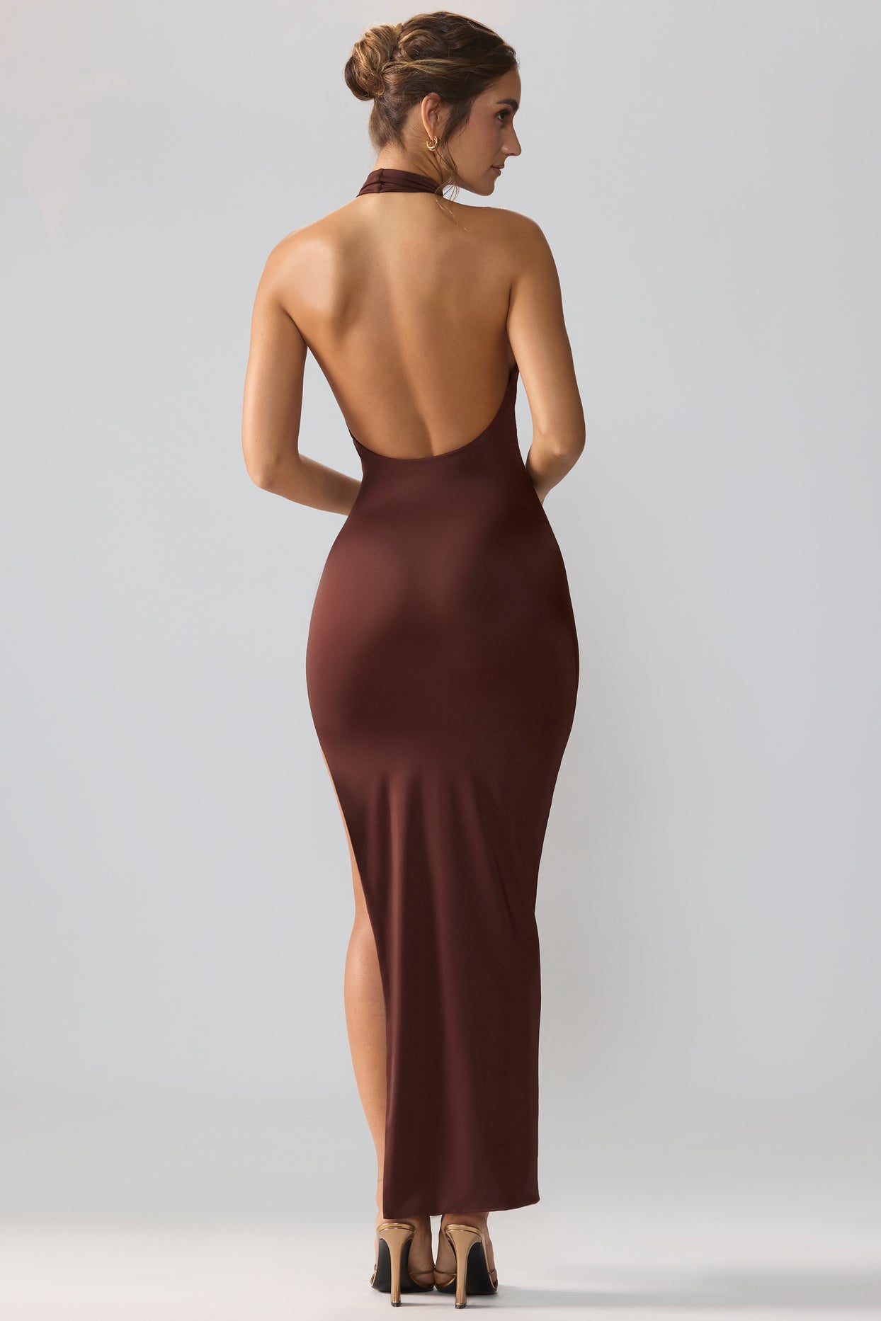 Premium Jersey Cowl Neck Backless Maxi Dress in Espresso - 2