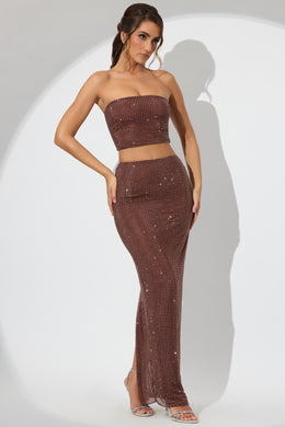 Embellished Mid Rise Maxi Skirt in Espresso