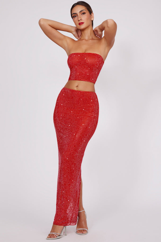 Ozdobiona spódnica maxi ze średnim stanem w kolorze ognistej czerwieni