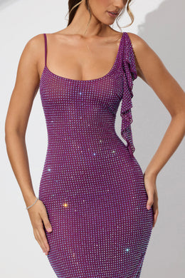 Zdobiona, drapowana sukienka maxi z falbaną w kolorze śliwkowym