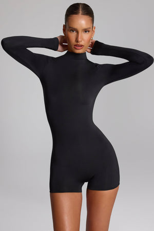 Slinky Jersey Long-Sleeve Playsuit in Black