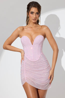 Embellished Low Plunge Strapless Mini Dress in Soft Pink