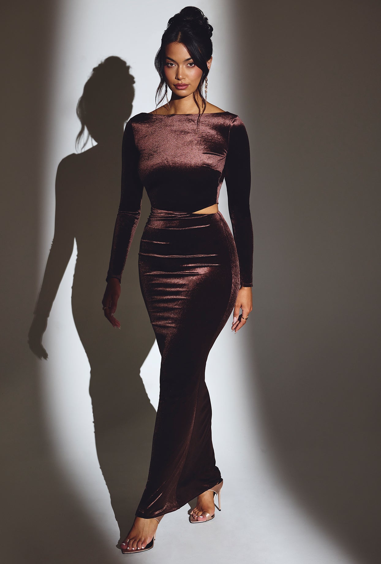 Velvet Long Sleeve Maxi Dress in Chocolate Brown