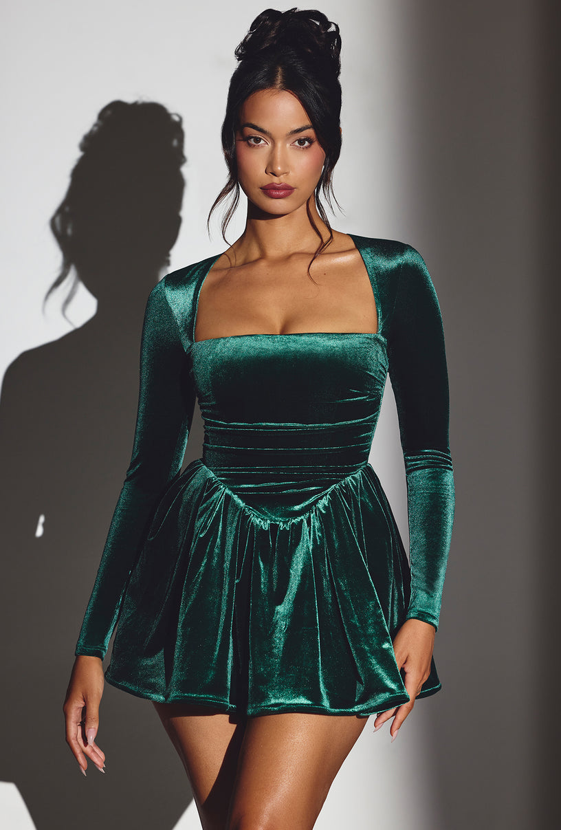 Velvet Long Sleeve Corset Mini Dress in Emerald Green - 1