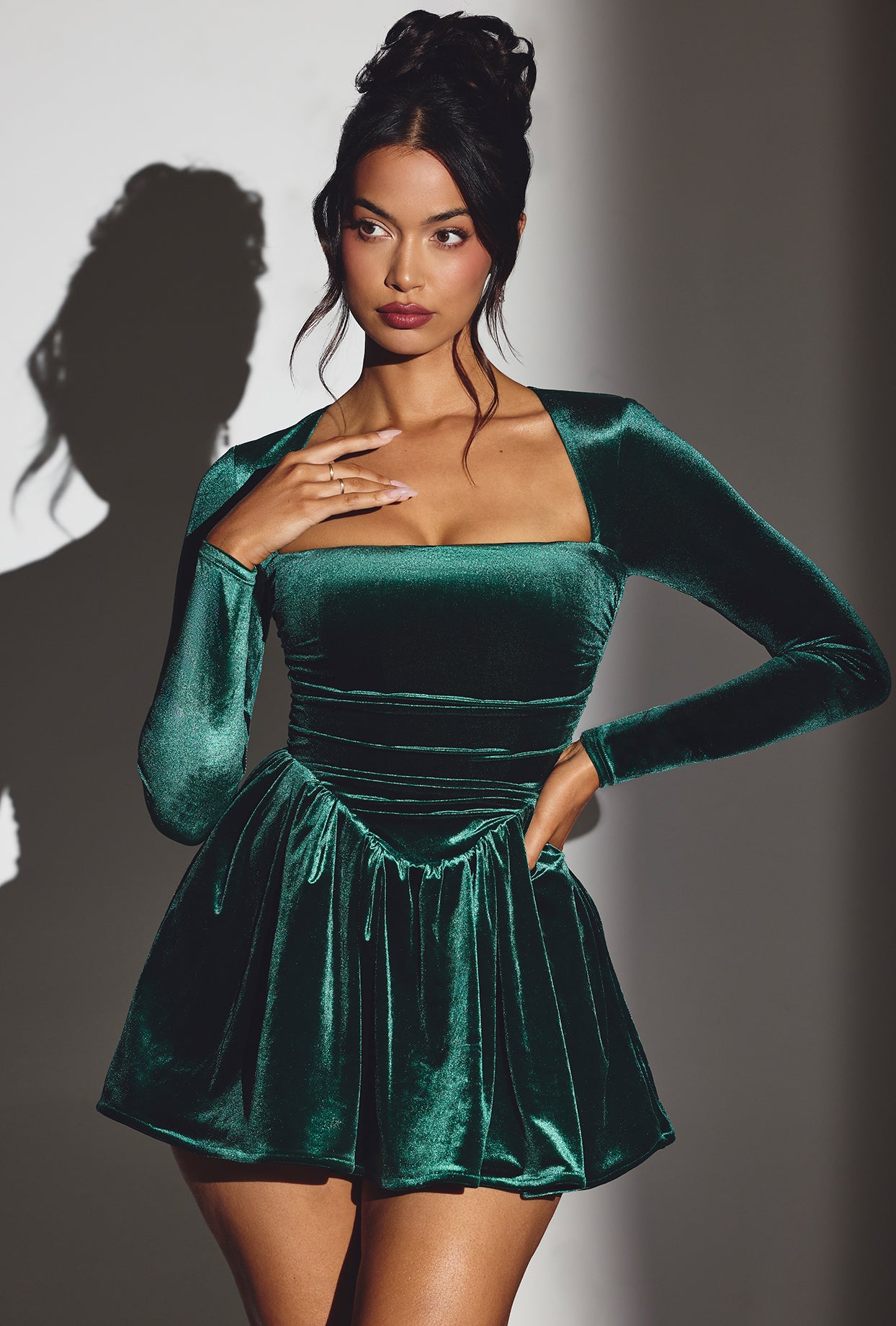 Tera Velvet Long Sleeve Corset Mini Dress in Emerald Green | Oh Polly Tera Velvet Long Sleeve Corset Mini Dress in Emerald Green | Oh Polly