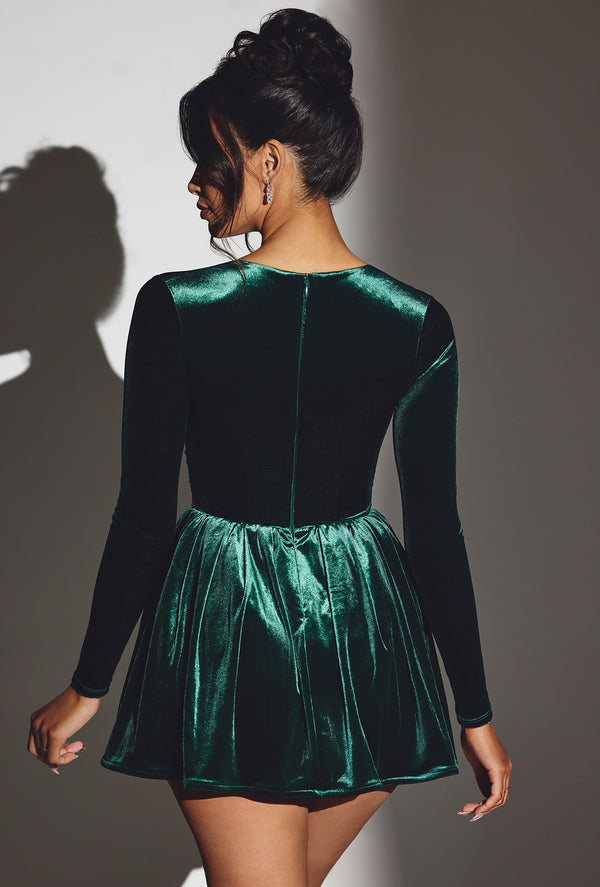 Velvet Long Sleeve Corset Mini Dress in Emerald Green - 2