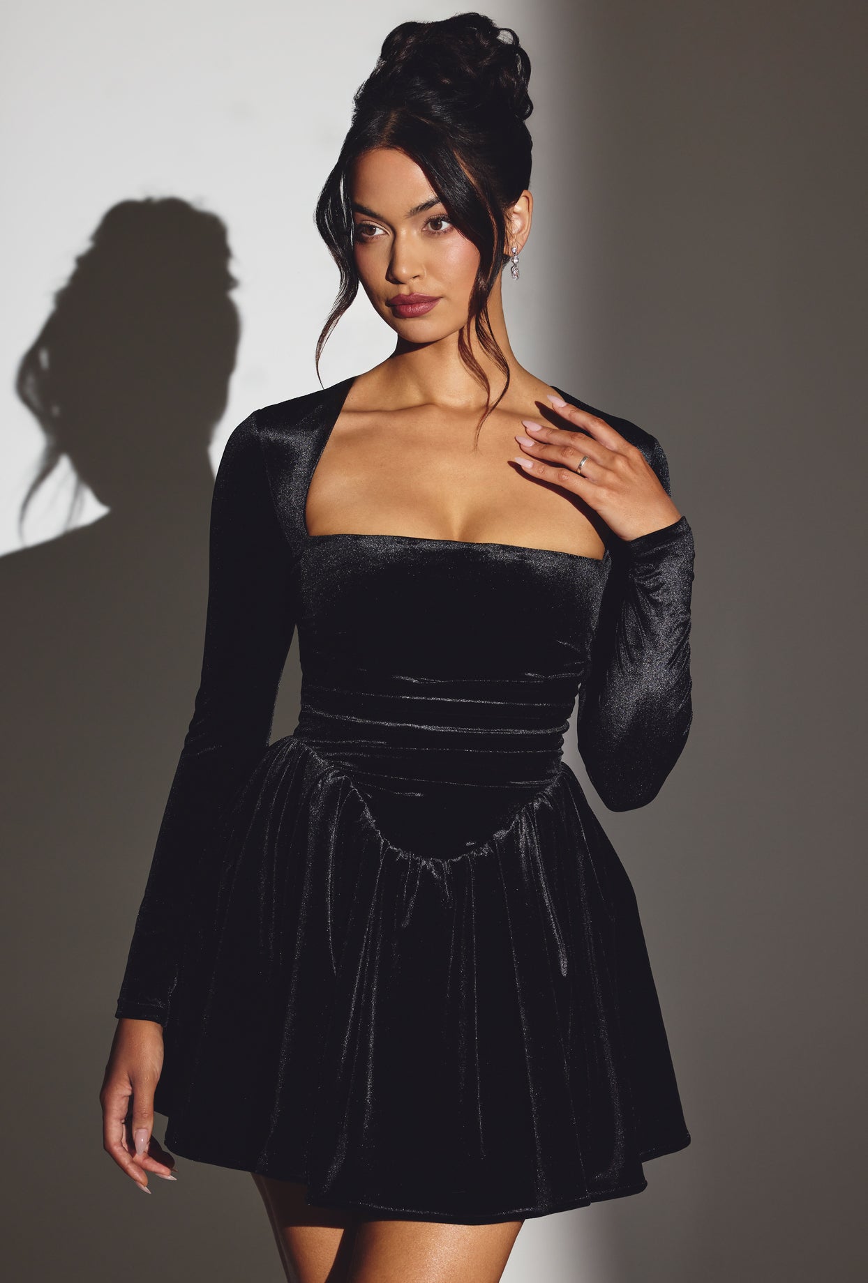 Velvet Long Sleeve Corset Mini Dress in Jet Black