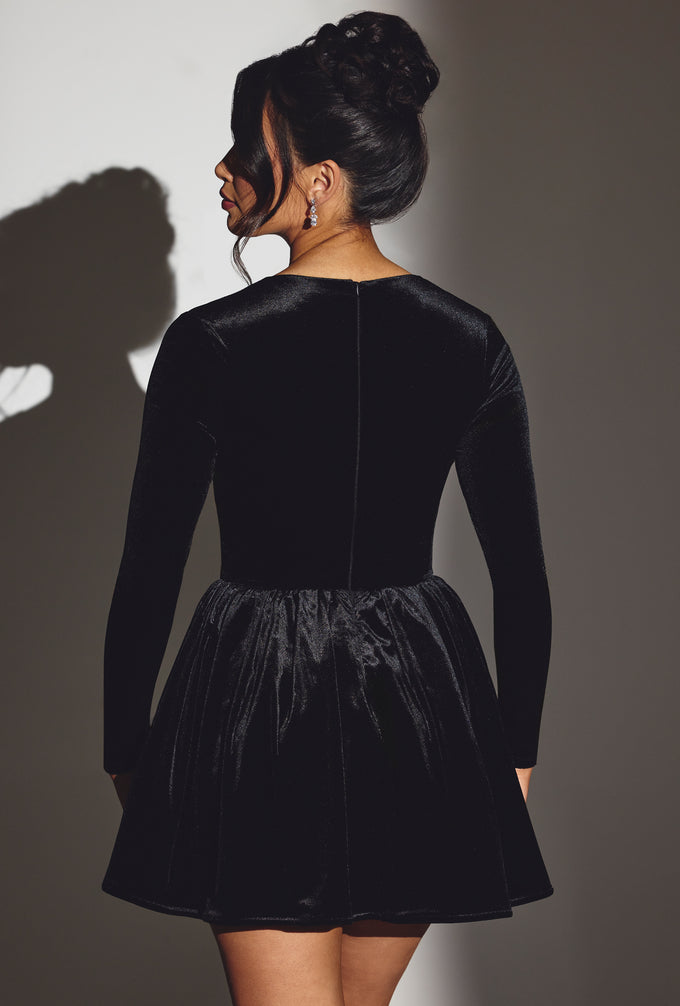 Mini-robe corset à manches longues en velours, noir de jais