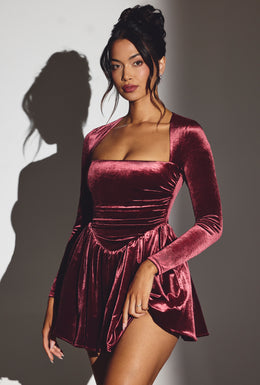 Velvet Long Sleeve Corset Mini Dress in Wine