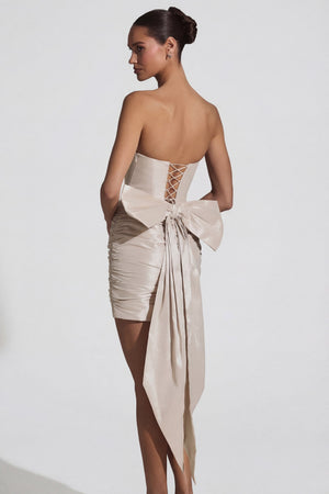 Oh Polly's "Viviana Mini Dress" wearing the Viviana Mini Dress in Ivory Taffeta fabric perfect for summer garden parties