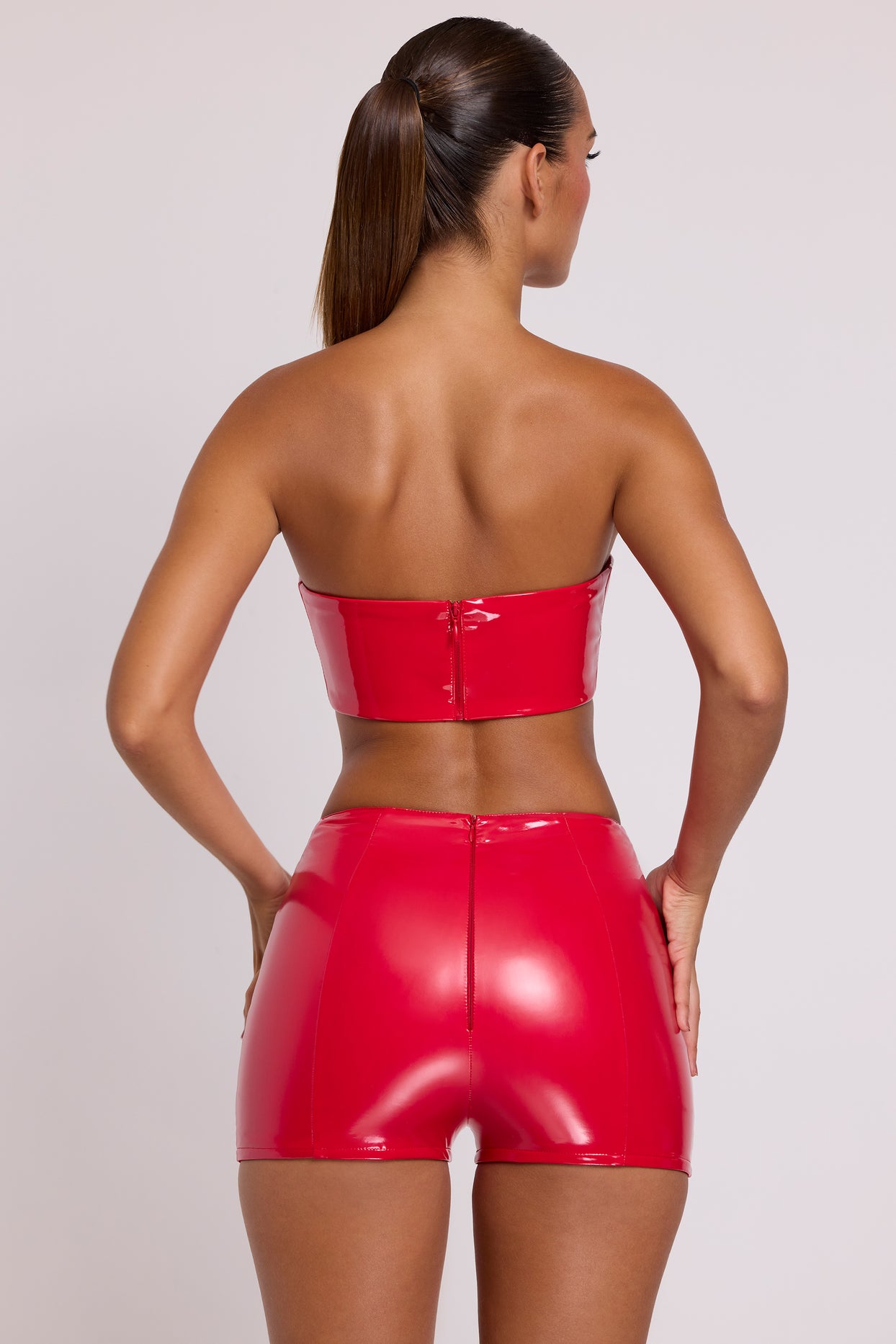 Vinyl Angled Waist Mini Shorts in Fire Red