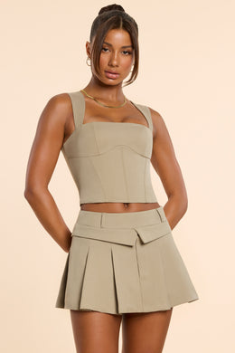 Brushed Twill Mid Rise Pleated Micro Mini Skirt in Taupe