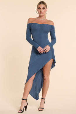 Long Sleeve Off-The-Shoulder Modal Cashmere Blend Maxi Dress in French Navy
