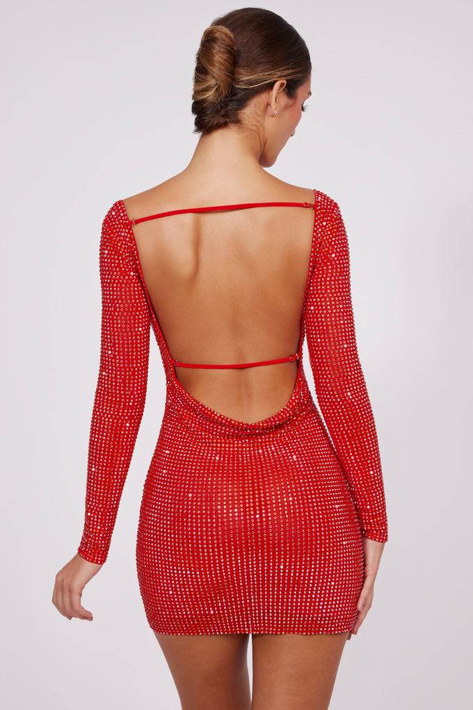 Mini-robe ornée à col haut et dos bénitier en rouge feu