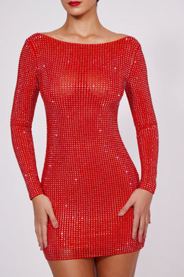 Embellished High Neck Cowl Back Mini Dress in Fire Red