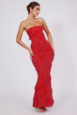 Embellished Strapless Ruffle Maxi Dress in Fire Red