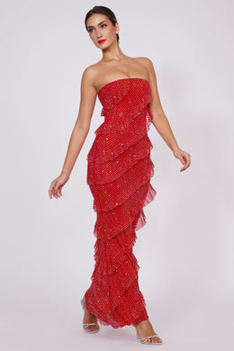 Embellished Strapless Ruffle Maxi Dress in Fire Red