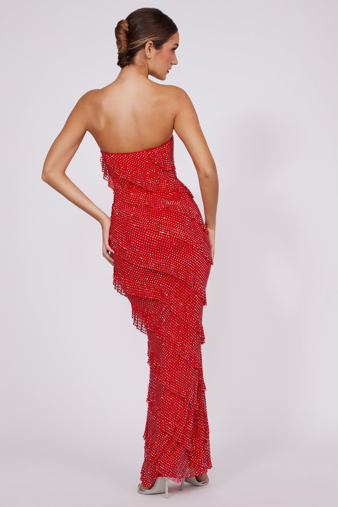 Ozdobna sukienka maxi bez ramiączek z falbaną w kolorze ognistej czerwieni