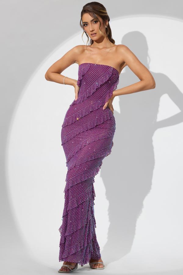 Embellished Bandeau Ruffle Maxi Dress in Plum - 1