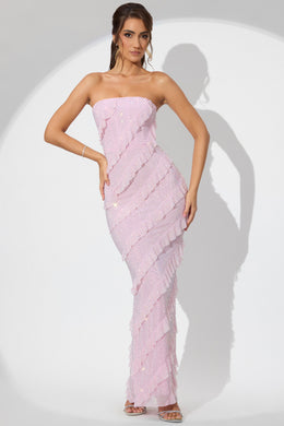 Zdobiona sukienka maxi bez ramiączek z falbaną w delikatnym różu